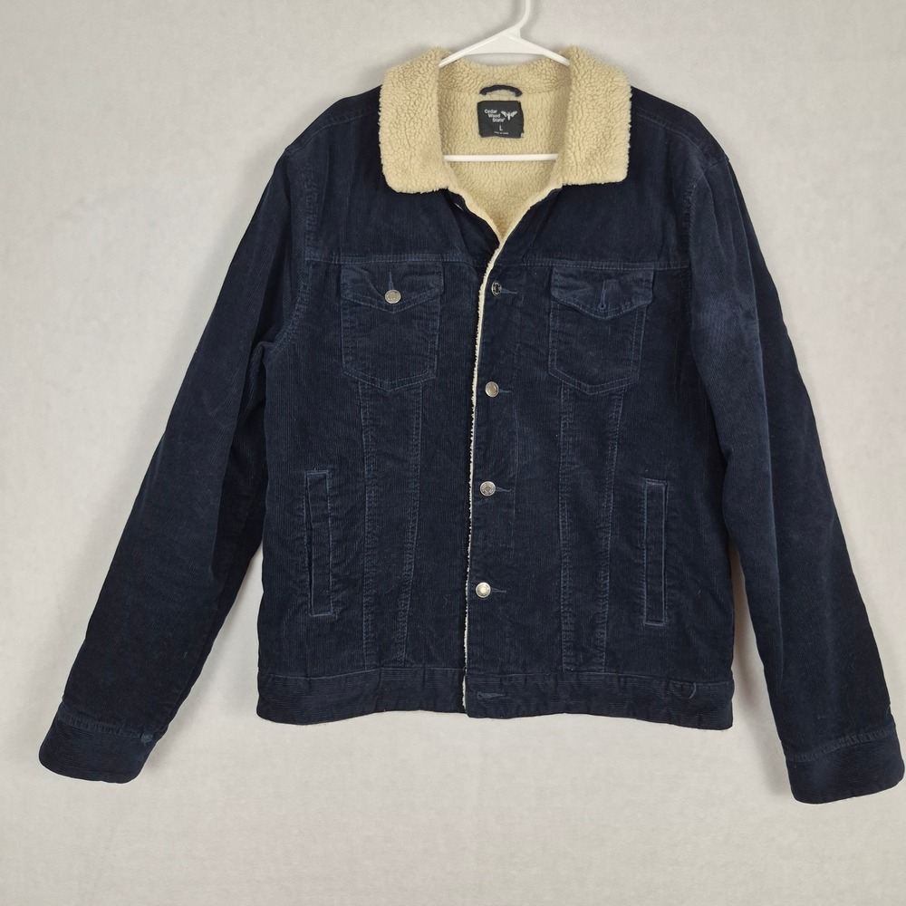 Cedar Wood State Mens Large Navy Corduroy Sherpa Lined Trucker Jacket Winter